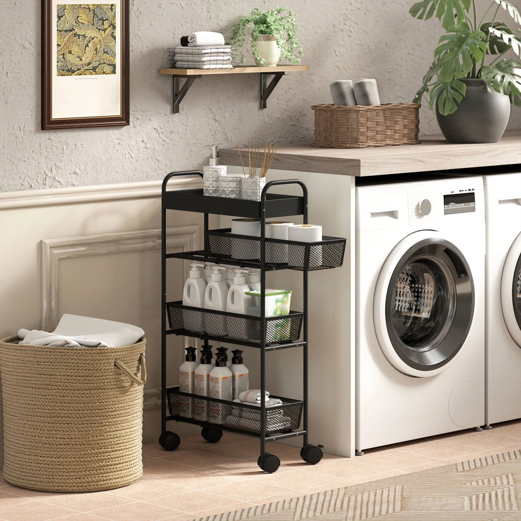 Carrello a 4 livelli con 3 cesti scorrevoli ¨C zephmum ¨C nero 80x43.2x19 cm
