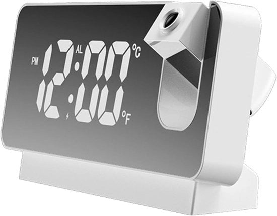 Alarme - Orologio - Projectore - Alarme digitale - Alarme intelligente - LED - 360 gradi - Schermo retroreflettente - Camera da letto - Con visualizzazione temperatura e umidità - Adatto per camera da letto e casa - Bianco