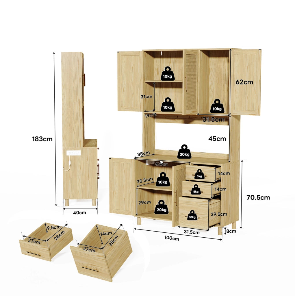 Credenza da cucina con LED multicolore controllabile via app; 100x40x183 cm; MDF naturale