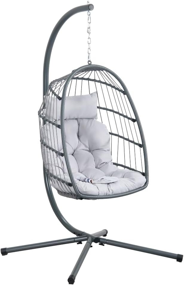 Poltrona Sospesa Amaca a Uovo 105x95x195 cm Gaia in Rattan e Corda Grigio