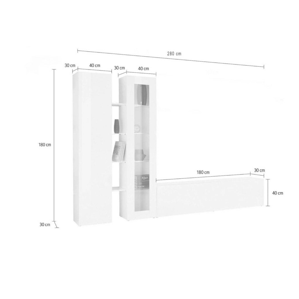 Mobile Soggiorno Arin, Parete Attrezzata 13 Ripiani Made in Italy, 280x30x180h cm Bianco Lucido