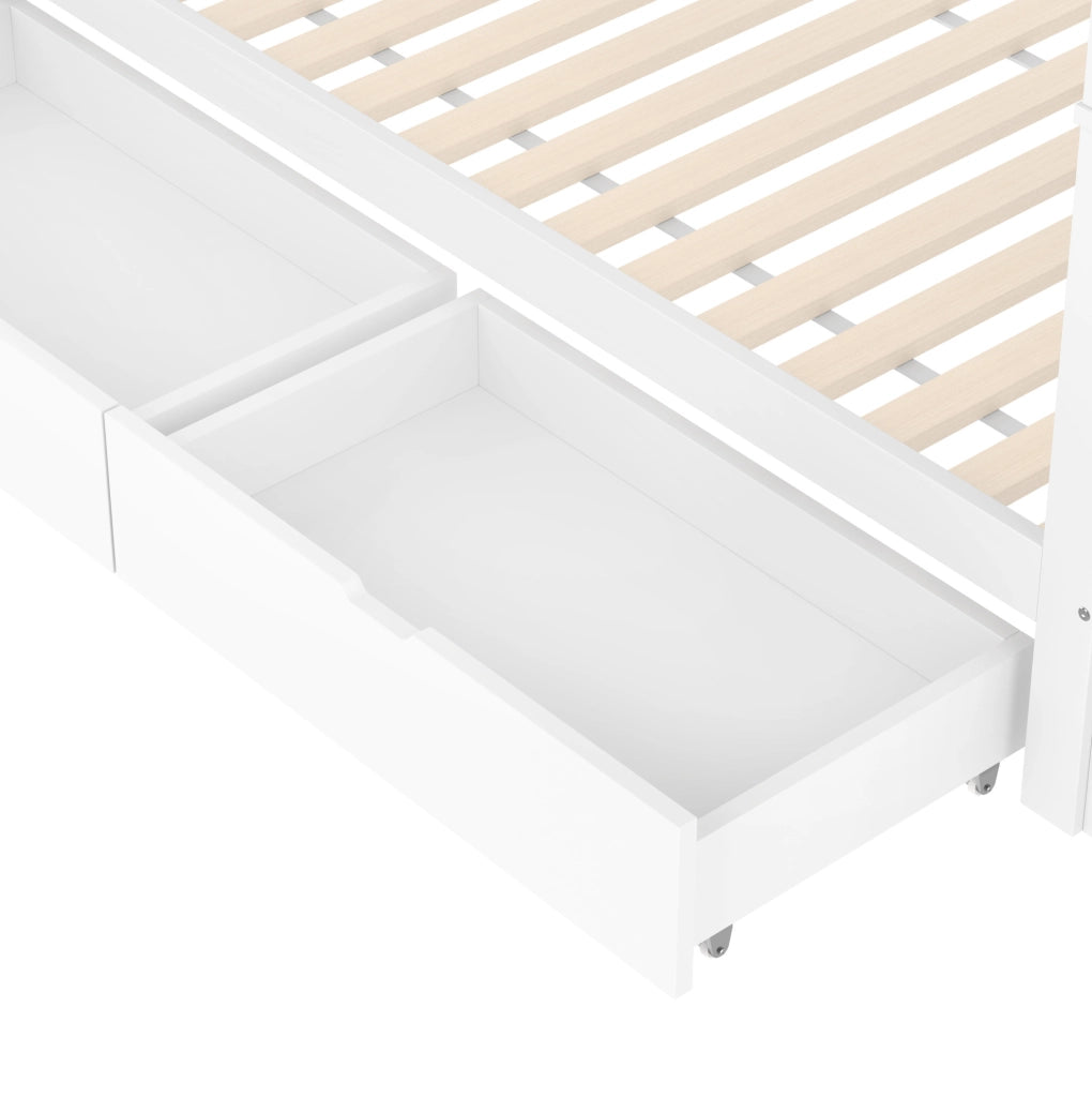 Letto a castello 90x200 cm con scala contenitore e due cassetti in legno di pino e MDF bianco
