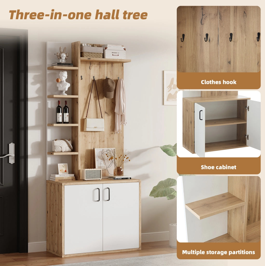Mobile ingresso salvaspazio 75x33x180 cm in truciolare; colore legno naturale e bianco
