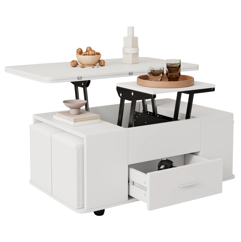 Tavolino da salotto sollevabile e allungabile con 4 sgabelli; 100x50 cm; bianco