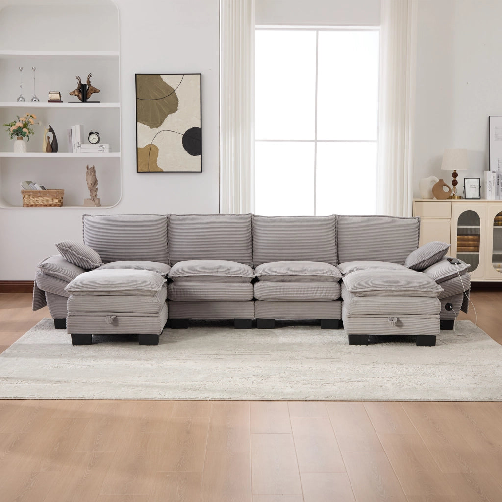 Divano modulare 4 posti in tessuto effetto corda con 2 pouf, ricarica USB-C e tasche laterali, grigio chiaro