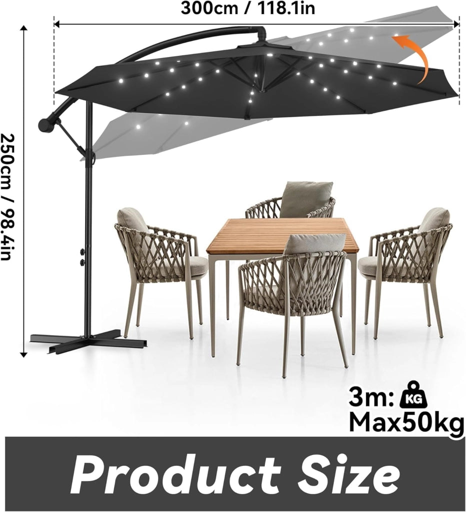 Ombrellone a LED solare, 300 cm, con manovella, in alluminio, ombrellone da giardino, balcone, con supporto, protezione dai raggi UV, terrazza, giardino, spiaggia, grigio scuro