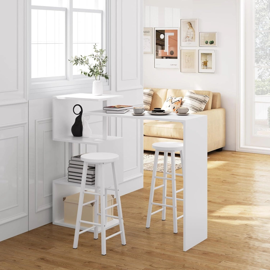 Tavolo con 2 Sgabelli Alti Set, Mobili da Bar Bancone con ripiano portaoggetti, Tavolo Alto con Sedia in Acciaio Legno per Cucina, Bianco