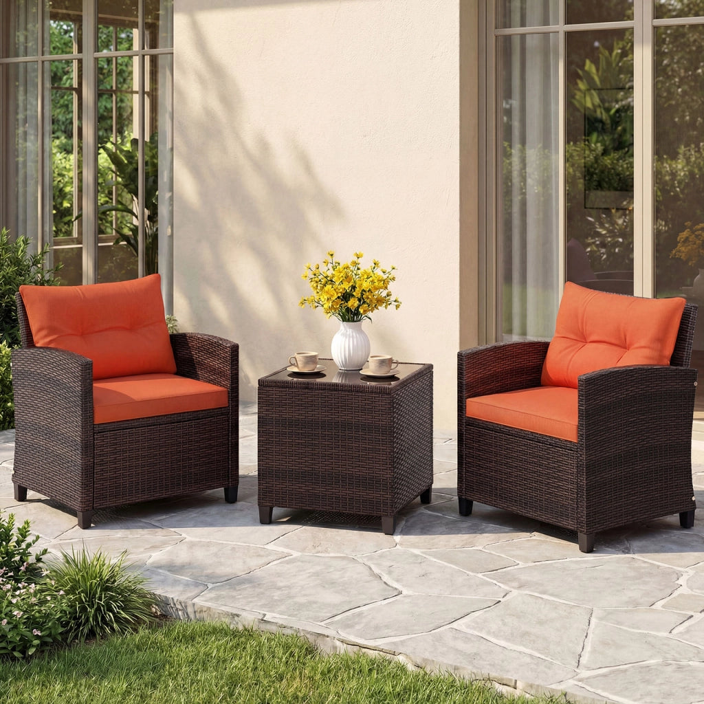 Set di 3 mobili da patio con 4 cuscini rimovibili, Set di 2 sedie e 1 tavolino in rattan con piano in vetro Arancione