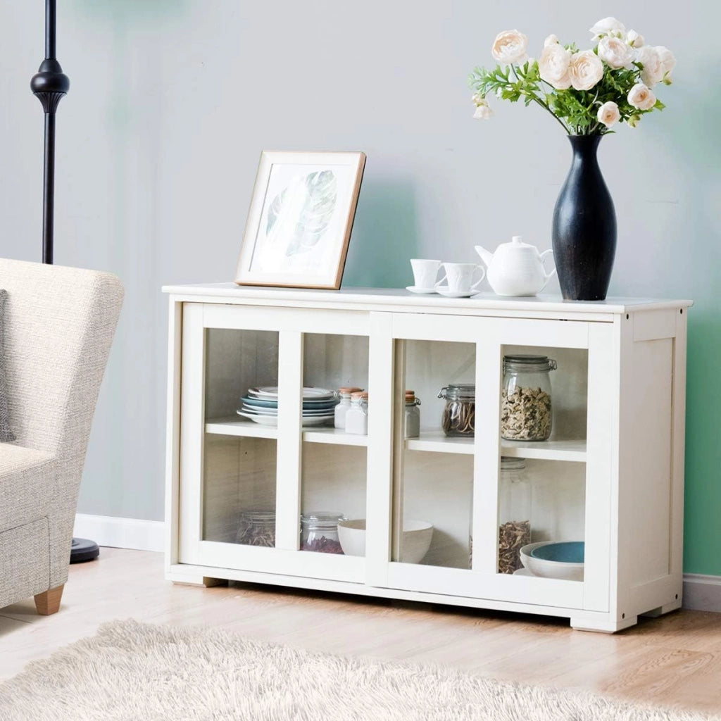Armadietto da cucina in MDF, Mobile laterale multiuso con ante scorrevoli 106,5x33x62,5cm Bianco-Credenze buffet