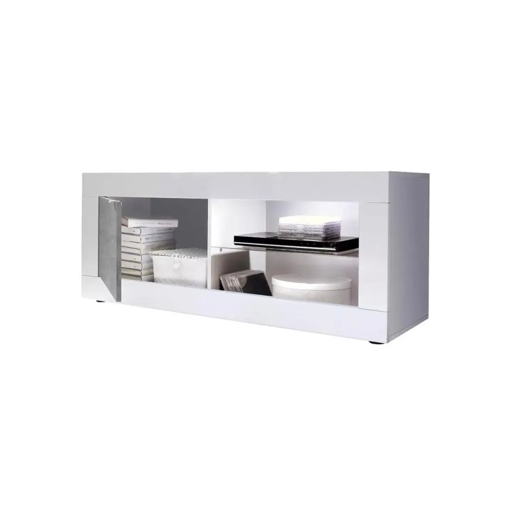 Mobile TV 1 porta, collezione ISORA, colori bianco lucido laccato e grigio effetto cemento