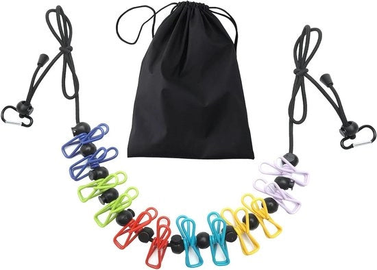 Waschasten con 12 pezzi di clip per bucato e chiusura antiscivolo - Rimosibile e adatto per viaggi, vacanze, campeggio all'aperto e dormitori (180 cm)