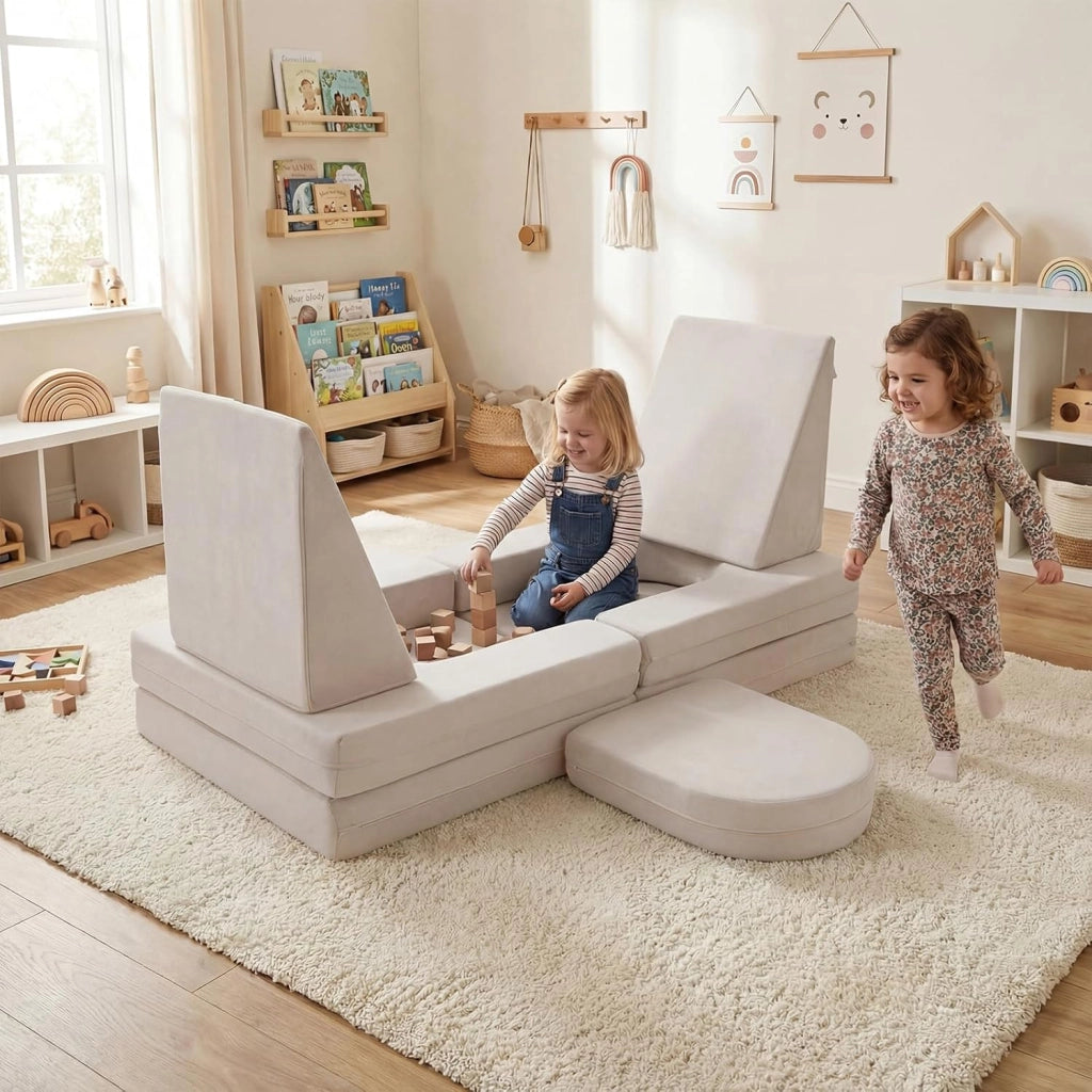 Divano da Gioco per Bambini Trasformabile, Poltrona Modulare a 10 Pezzi, Tessuto Suede e Schiuma ad Alta Elasticità, Divanetto per Bambini 3+ Anni, per Camerette, Soggiorno e Studio (Beige)