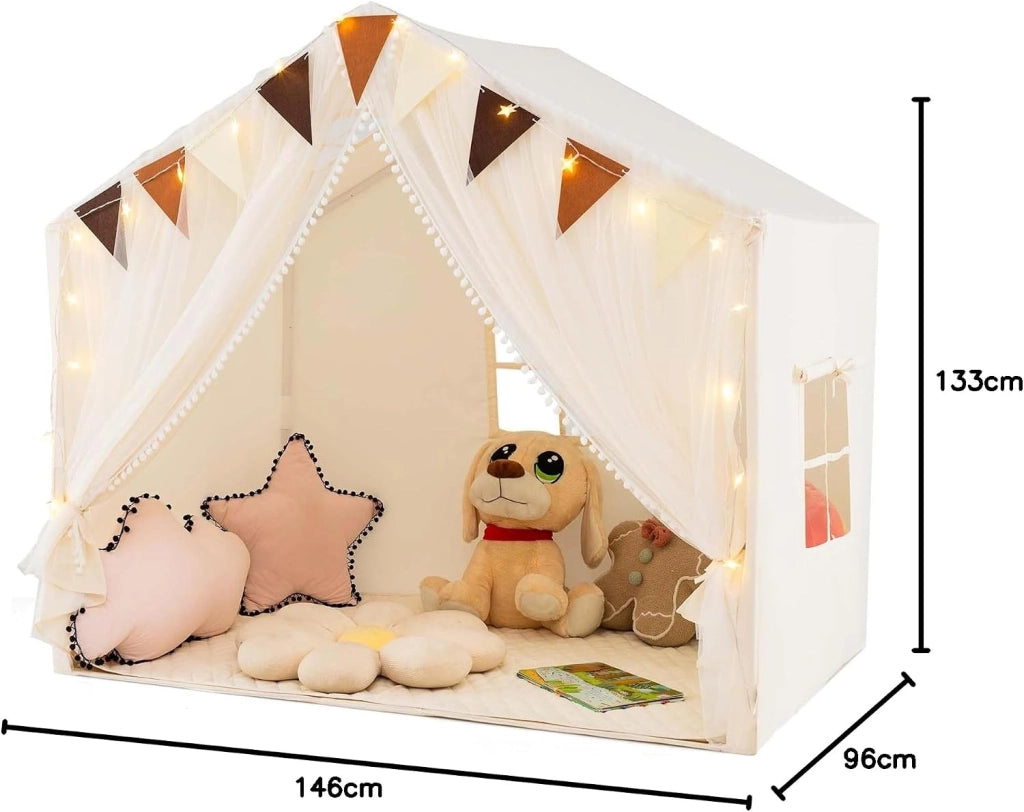 Tenda da Gioco per Bambini, Tenda Castello per 3-4 Bambini con Tende in Tessuto e Rete Luci a Stella e Finestre, Materassino in Cotone, per Bambini 3 Anni+, 146x96x133 cm (Beige)