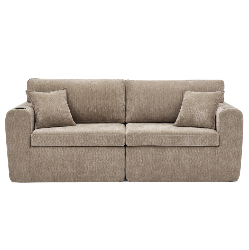 Divano 2 posti in chenille marrone con USB; tasche laterali e portabicchieri; 220x100x89 cm
