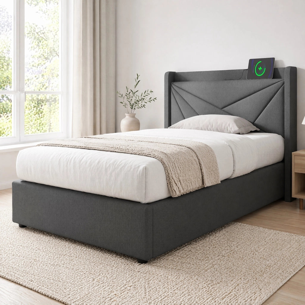 DESMIU Letto contenitore letto singolo 1 posto con USB, Tipo-C e testiera geometrica 90 × 200 cm, senza materasso