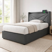 DESMIU Letto contenitore letto singolo 1 posto con USB, Tipo-C e testiera geometrica 90 × 200 cm, senza materasso