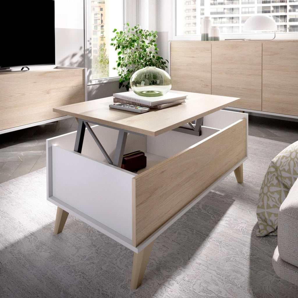 Tavolino da salotto Alexius, Porta riviste da soggiorno con vano portaoggetti, Tavolo basso da caffÒ¨ elevabile, 99x60h41 cm, Rovere e Bianco