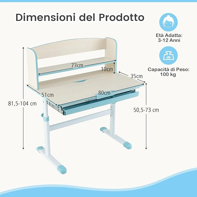 Scrivania per Bambini, Banco Scuola per 3-12 Anni Regolabile in Altezza da 50cm a 73cm con Piano Inclinabile 60°, Scrittoio Cameretta Multifunzionale con Libreria e Cassetto (Blu)