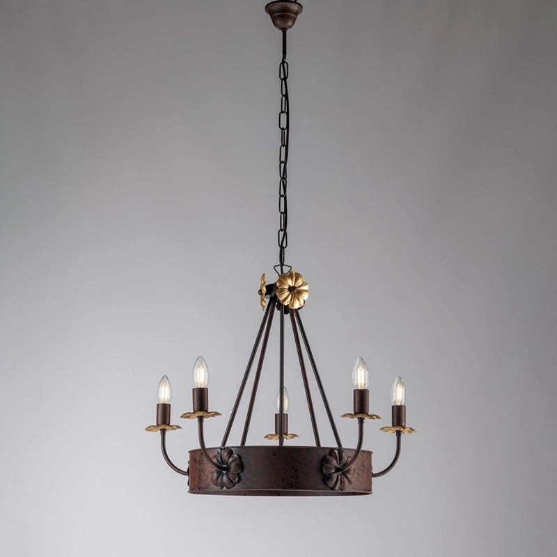 Lampadario ferro Nero Ruggine rifinitura Oro impero cinque luci 59x h52 cm