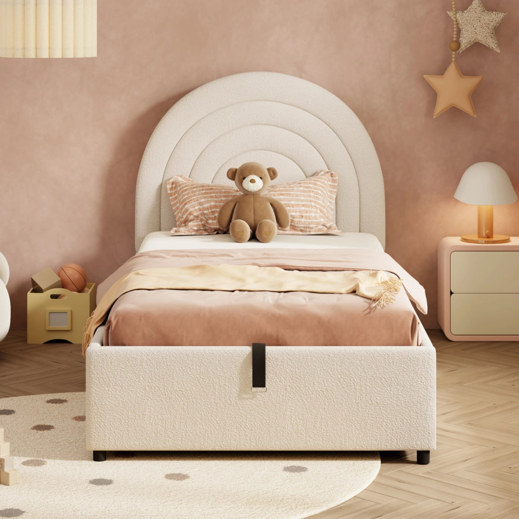 Letto imbottito 90x200 cm in bouclé beige con contenitore idraulico e testiera imbottita
