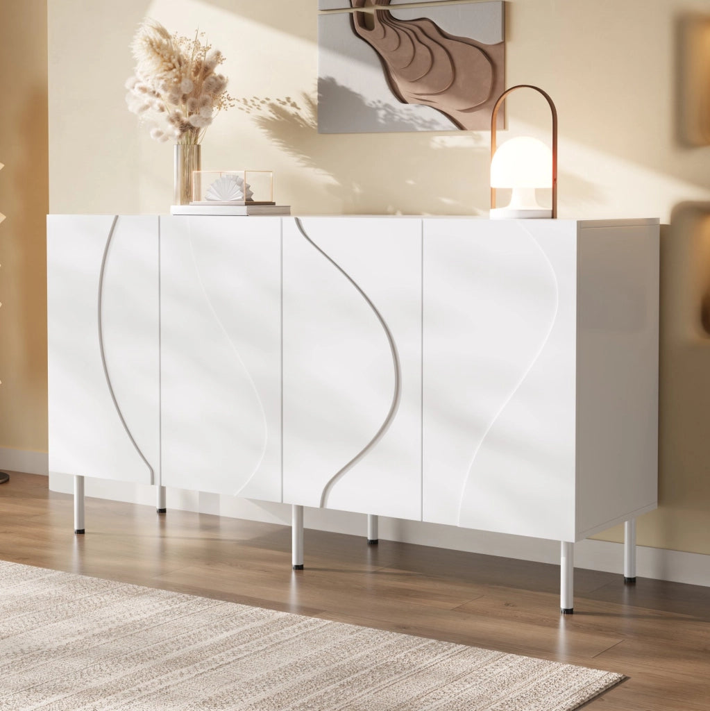 Credenza ULEVR 140x40x77,5 cm con 4 ante curve 3D e apertura push-to-open, bianca