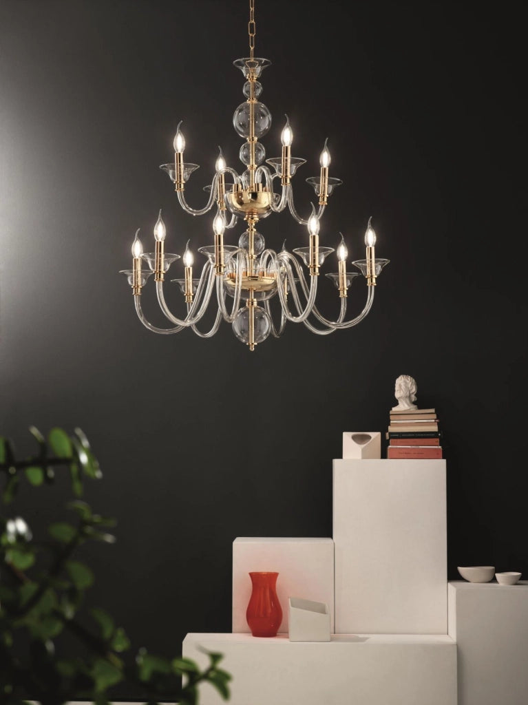 LAMPADARIO TEBE 12 LUCI TRASPARENTE E ORO ATTACCO E14 D.87CM