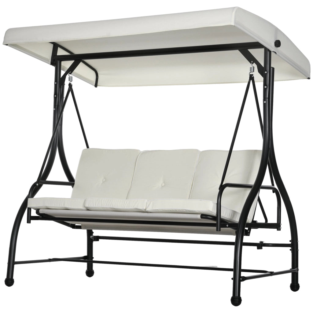 Dondolo Letto da Giardino 3 Posti con Tettuccio Regolabile 195x117x175 cm in Acciaio e Poliestere Crema e Nero