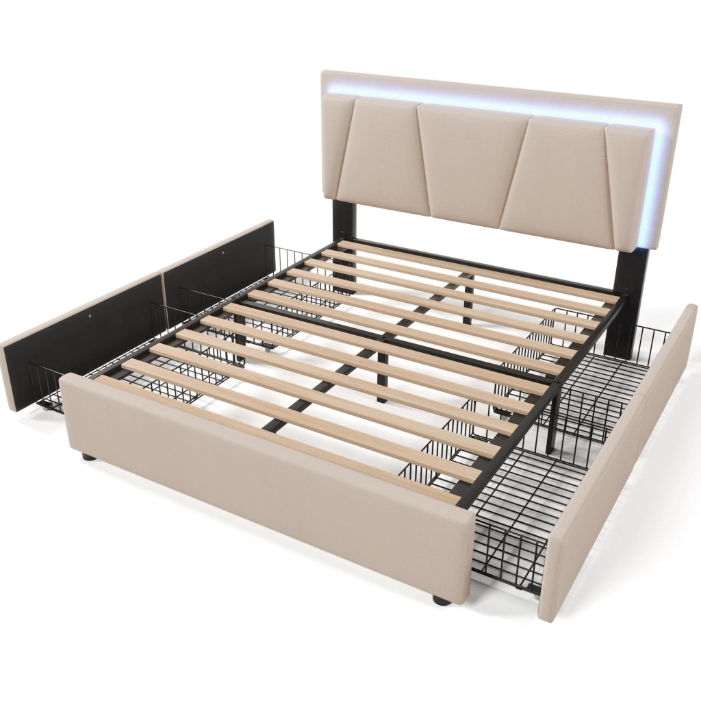 Letto matrimoniale ULEVR 140x200 cm con LED, testiera regolabile e 4 cassetti, beige