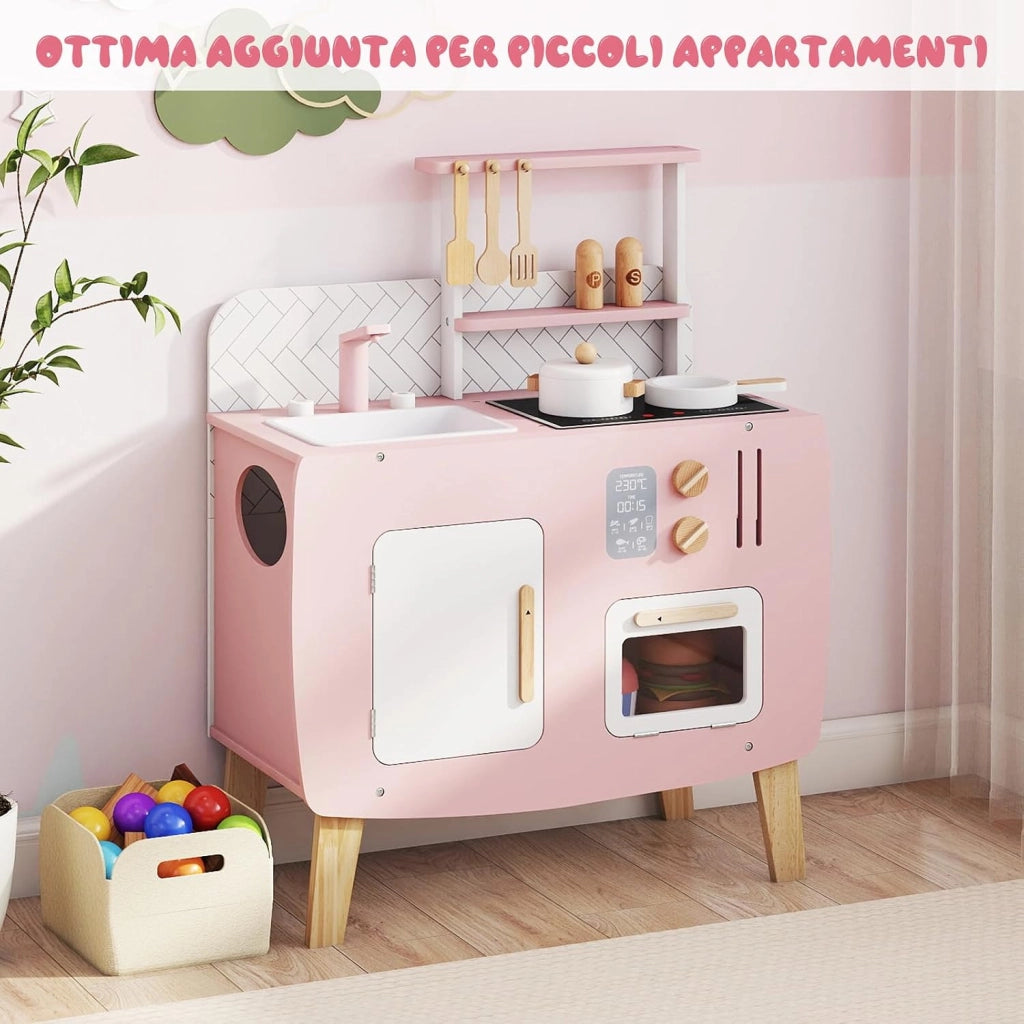 Cucina Giocottolo in Legno per Bambini, Set Gioco di Ruolo Chef con Luci e Suoni, Forno, Fornelli, Microonde e Accessori Vari, Adatto a Bambini 3+ Anni, 58 x 29 x 73,5 cm