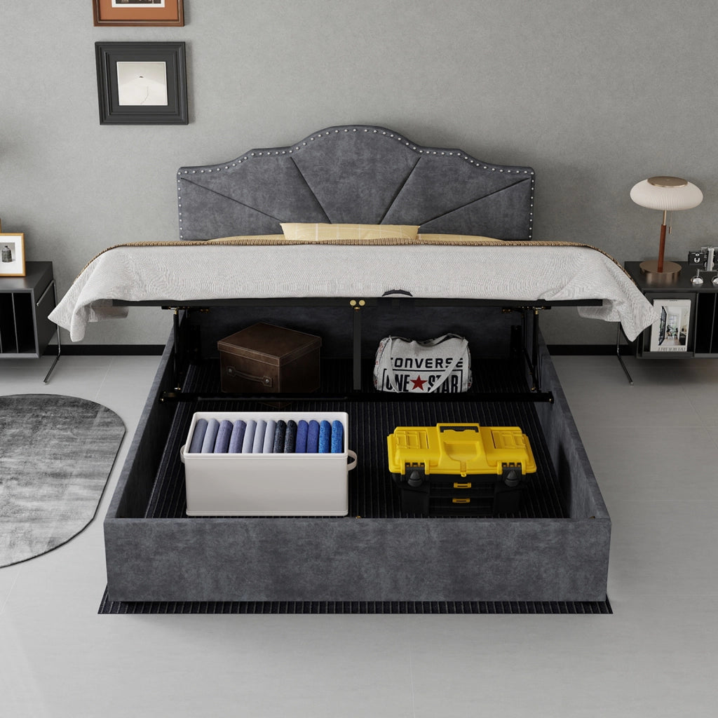 DESMIU Letto contenitore 140 × 200 cm 2 posti con testiera geometrica, senza materasso, in tessuto, grigio