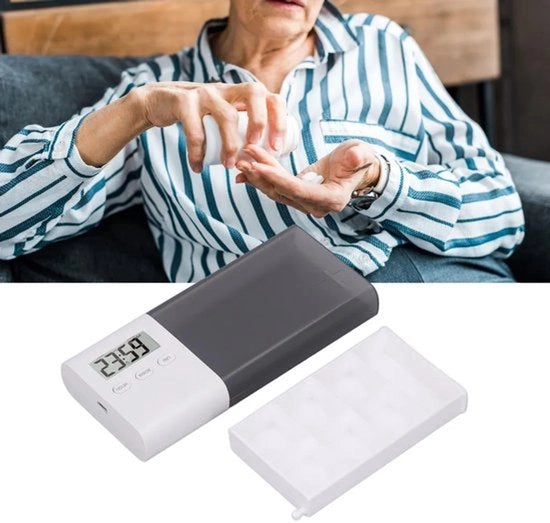 Pillen Dispensatore Elettronico con Alarme – Suono Vibrazionale e Acustico, Ricaricabile via USB, Dispensatore di Medicina Portatile per Anziani, Ricordo della Dose per 7 Giorni, Mattina, Pomeriggio e Sera, Dispensatore di Medicina Intelligente con Timer.