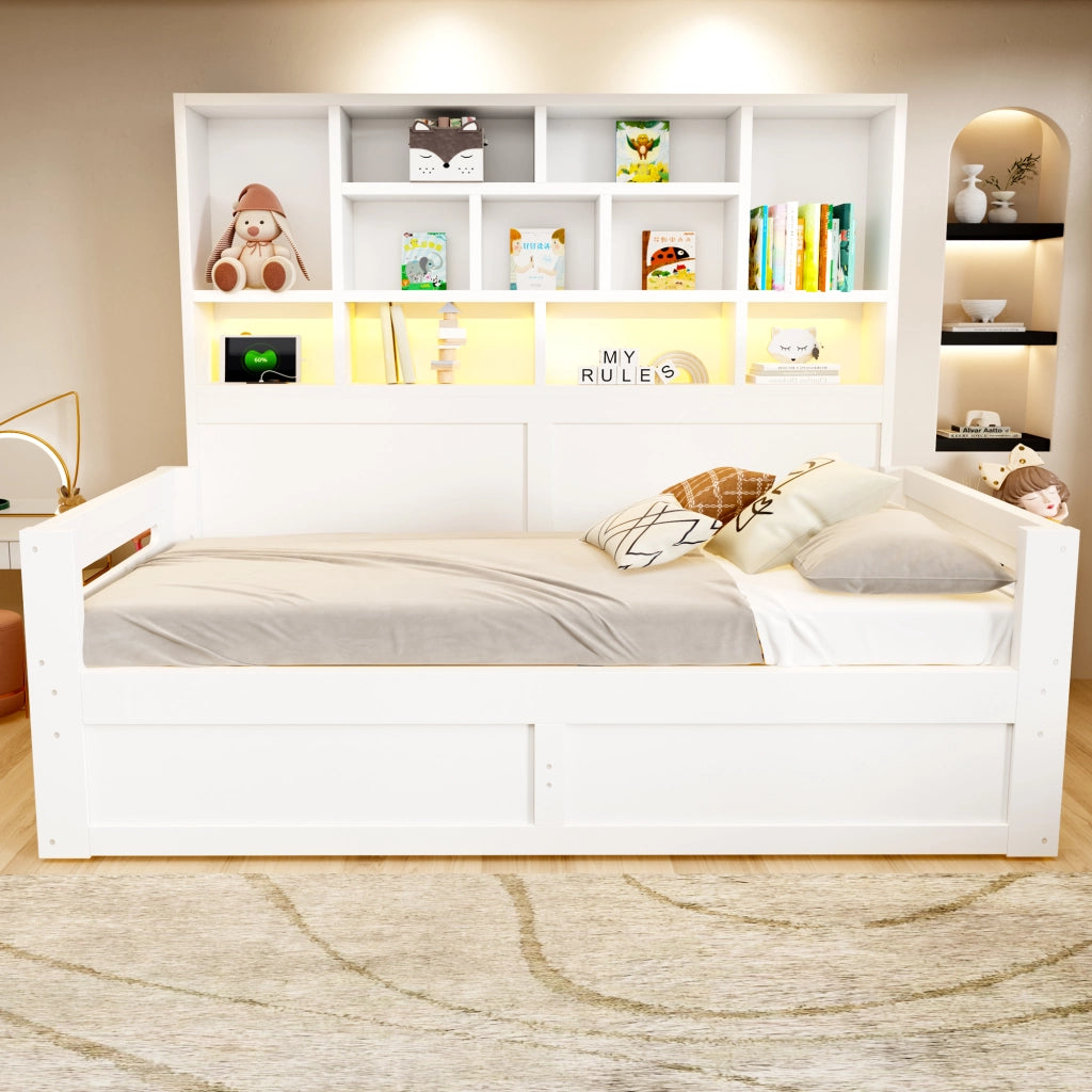 Letto contenitore 90x200 cm con sollevamento idraulico; LED; USB e ripiani portaoggetti; MDF bianco