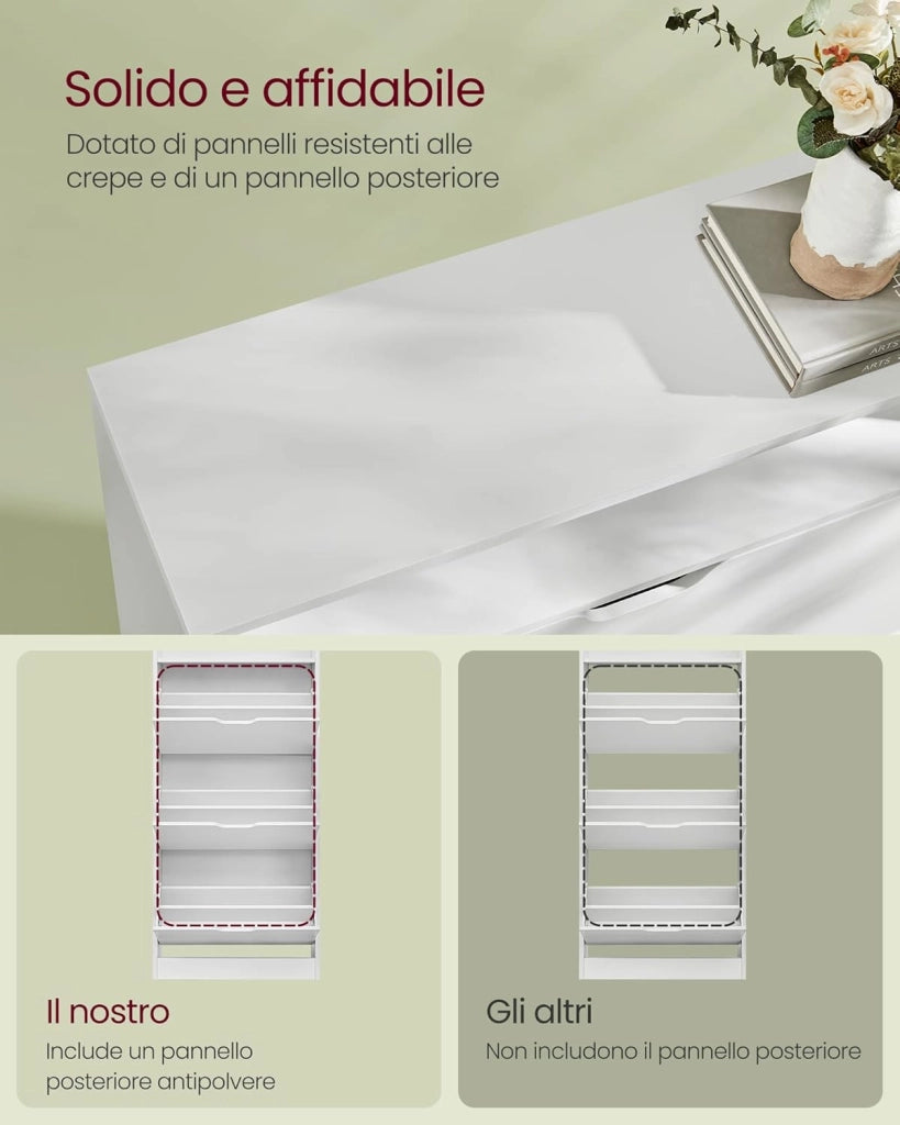 VASAGLE Scarpiera a 3 Ante a Ribalto, Scaffale Portascarpe, Scomparto Aperto, Divisorio Regolabile, 14-18 Paia, per Piccoli Ingressi, 24 x 60 x 139 cm, Bianco Nuvola LBC046W01