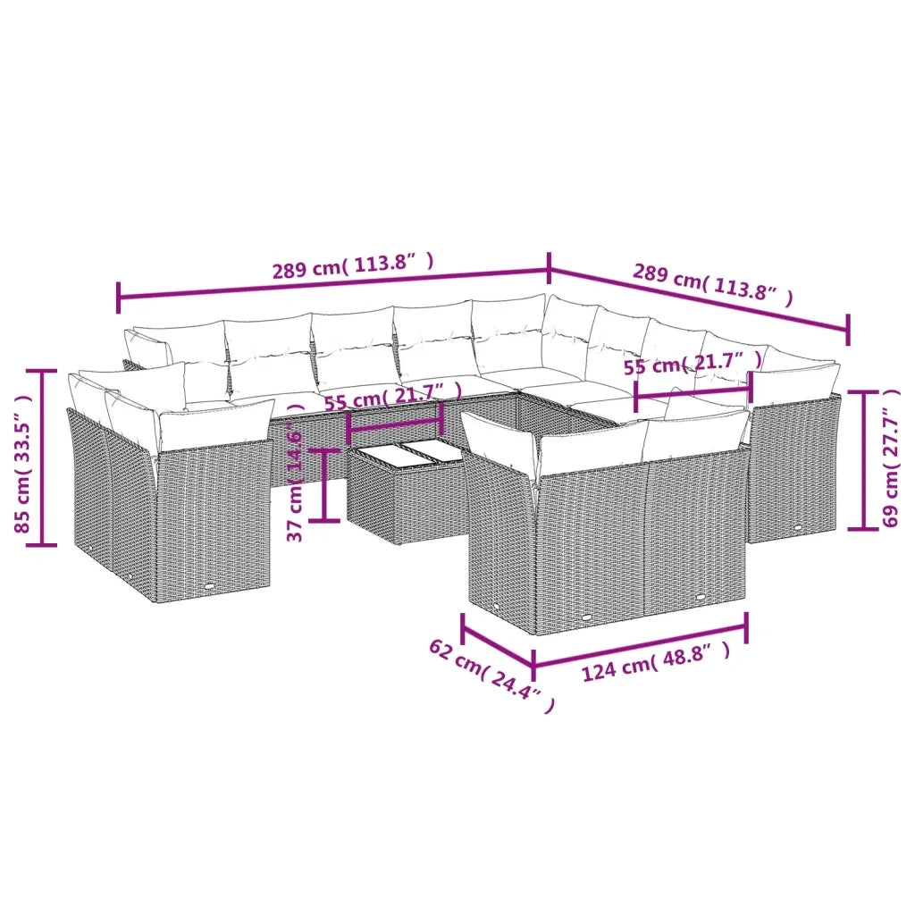 Set Divani da Giardino 14pz con Cuscini in Polyrattan Beige