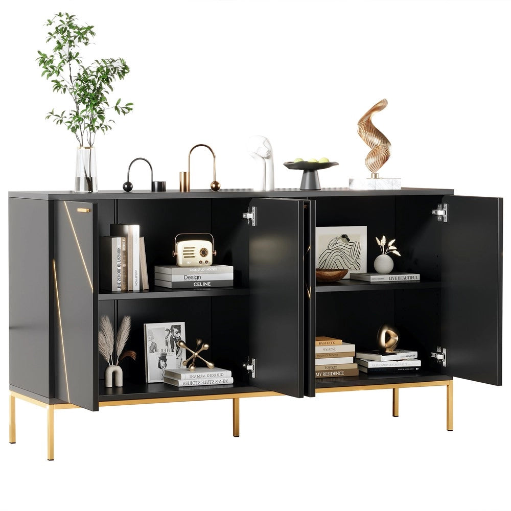 Mobile TV / Credenza con 4 Ante e Gambe in Metallo ¨C MINIMAL ¨C Nero e Oro, 150x40x80 cm