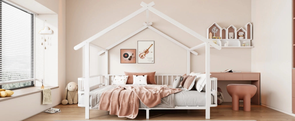 Letto per bambini 140 × 200 cm a forma di casa con barriera di sicurezza, senza materasso, in metallo, bianco
