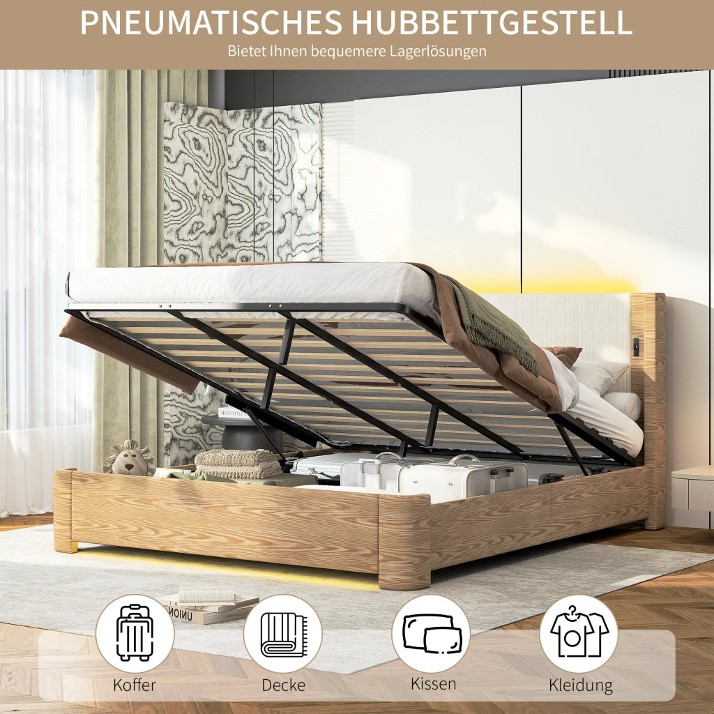 Letto contenitore matrimoniale 180 × 200 cm con LED a 7 colori, materasso non incluso, in velluto beige