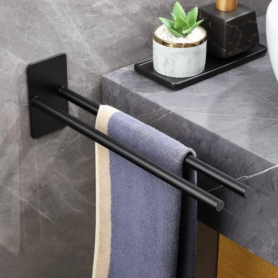 Maniglione per asciugamano senza fori nero lucido in acciaio inossidabile maniglione autoadesivo per due asciugamani per bagno cucina parete 38CM