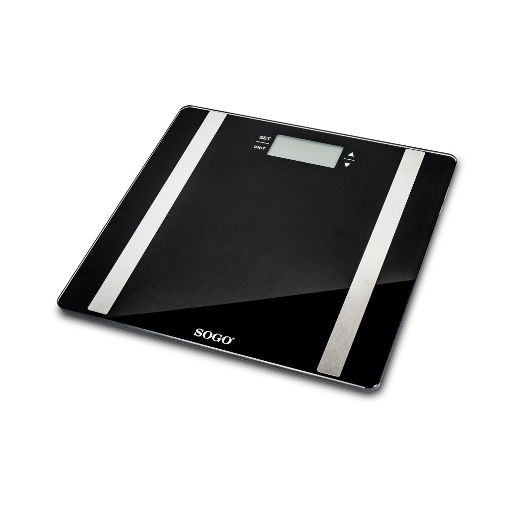 Bilancia pesapersone digitale con misurazione massa grassa e acqua corporea, display LCD, memoria 10 utenti, vetro temperato 6mm - SOGO