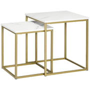 Set 2 Tavolini Impilabili con Piano Quadrato in Acciaio e Truciolato Bianco e Oro