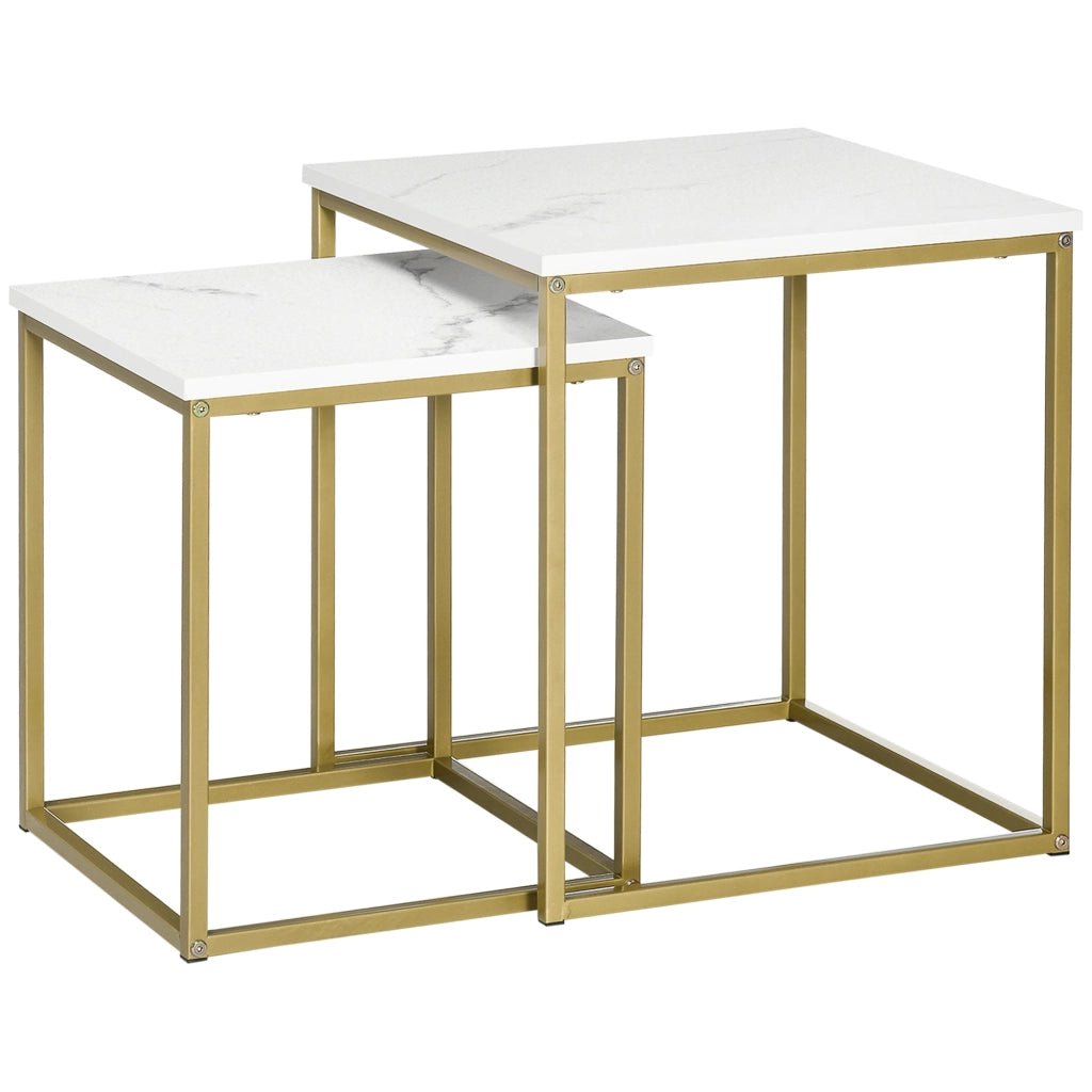 Set 2 Tavolini Impilabili con Piano Quadrato in Acciaio e Truciolato Bianco e Oro