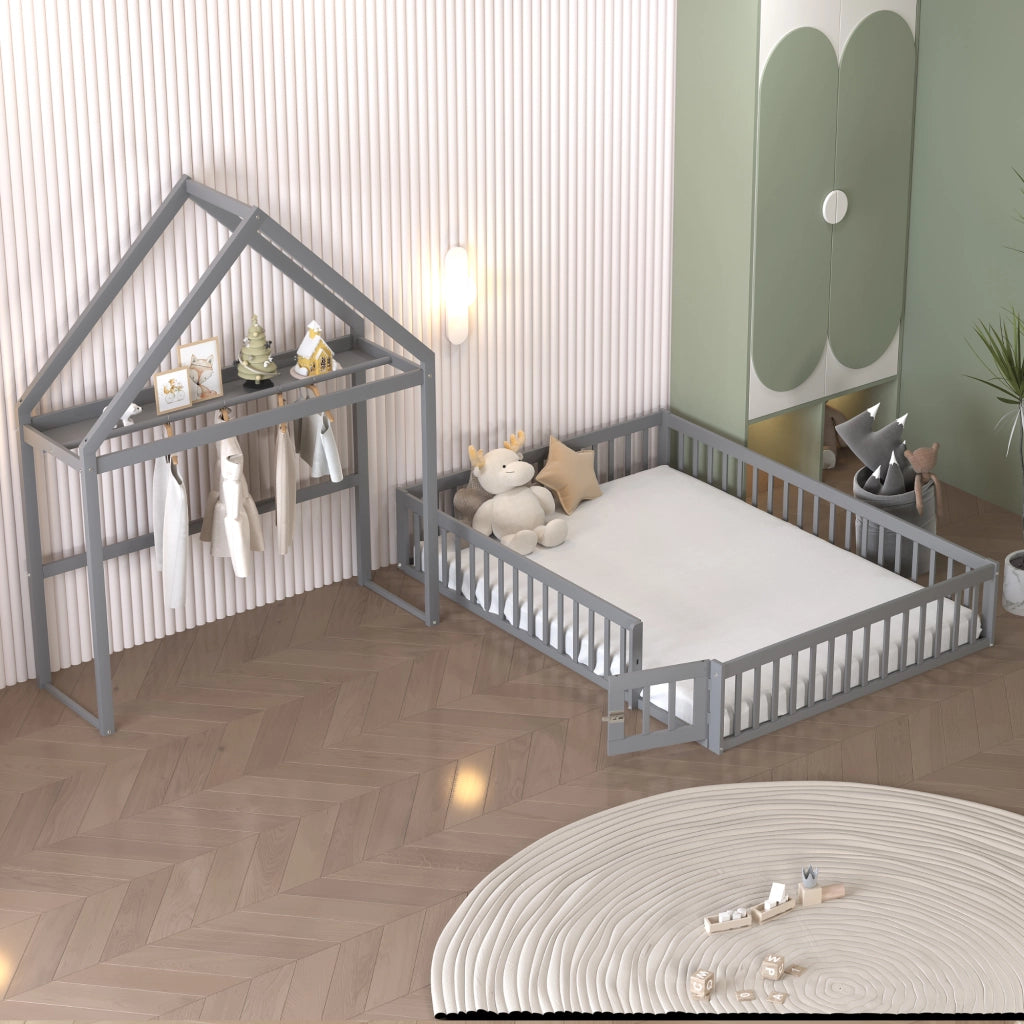 Letto per bambini grigio con funzione contenitore e rete a doghe in legno massello 140x200 cm