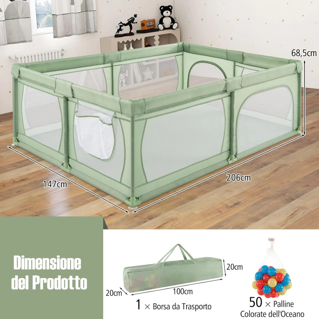 Recinto per Bambini, Box per Neonati con Rete Traspirante, Centro Attività con 50 Palline, Box Giochi per Bambini 0-3 Anni (Verde, 206 x 147 cm)
