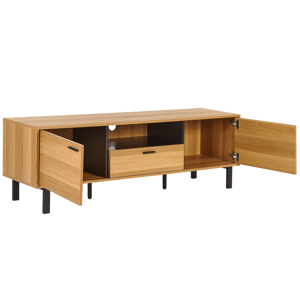 Mobile da TV in legno naturale e nero in con 2 ante e 1 cassetto stile retrò armadietto soggiorno zona giorno