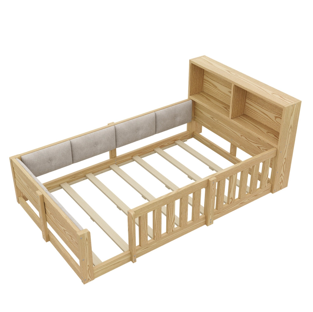 Letto per bambini 90x200 cm con sponde; testiera con spazio contenitore e luci LED; naturale