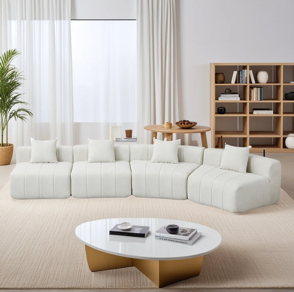 DIVANO Modulare Curvo in Chenille Beige con 2 Cuscini