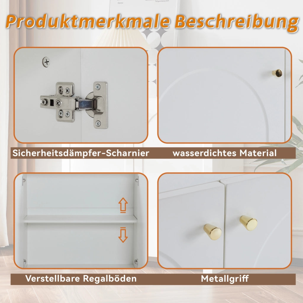 Credenza bianca con motivo ad arco e maniglie dorate