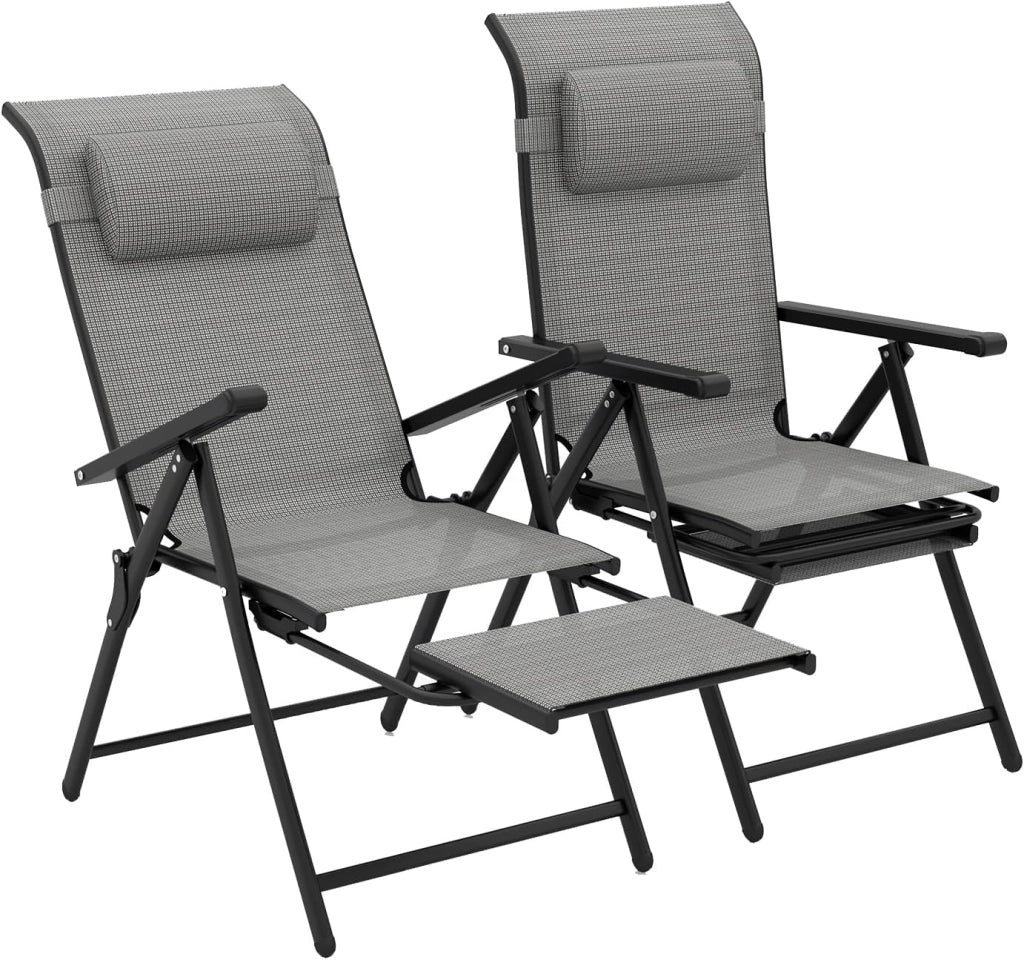 Set di 2 Sedie Pieghevoli da Patio, con Schienale Regolabile a 10 Posizioni e Braccioli, Poggiapiedi Retrattile, Cuscino per Testa, Sedie Reclinabili per Giardino, Piscina, Spiaggia