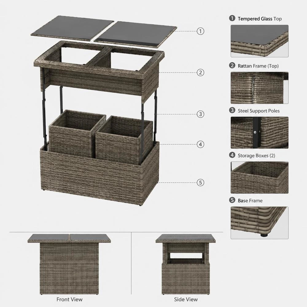 Garden Table With Glass Top, Grey, 100x55x73 Cm, Poly Rattan
