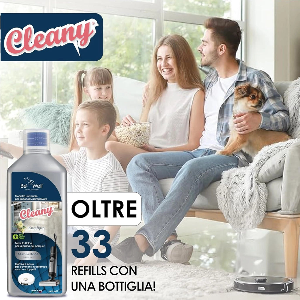 CLEANY Detergente Concentrato per Robot Lavapavimenti e Aspirazione con Igienizzante Multisurface 1000ml pulizia senza aloni e sostenibile Adatto a tutti i Robot (EUCALIPTO)